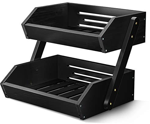 G.a HOMEFAVOR Bambus Obstkorb 2 Etagen Abnehmbarer Obstständer Aufbewahrung Halter für Gemüse Snacks Brot Küche, Schwarz