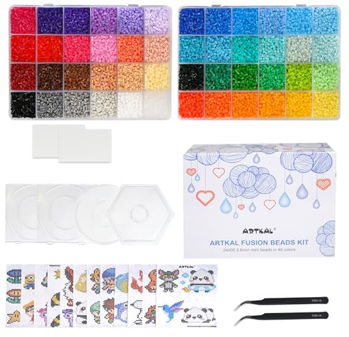 Artkal Mini Fuse Beads Kit 48 Colors, 24000pcs, 2.6mm Sized, with 4 Pegboards 2 Tweezers 48 Patterns 2 Large Ironing Paper
