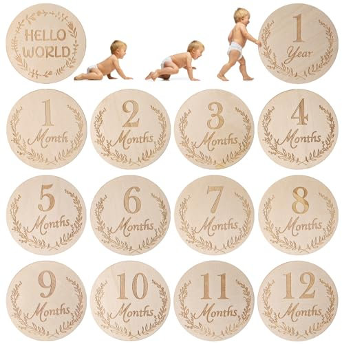 DBREAKS 14 Stück Meilensteinkarten Baby Holz, Baby Meilenstein Scheiben für Foto Requisiten, 12 Monatliche Babykarten, Babyparty, Geschenk für Schwangere, Babys und werdende Eltern(Arabische Ziffern)
