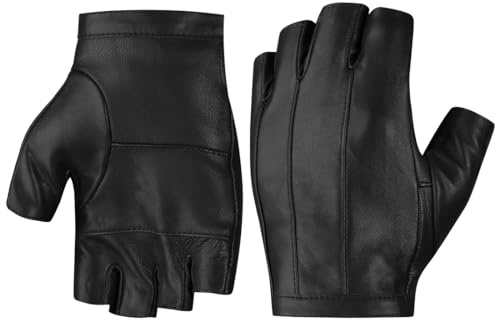 Harssidanzar Gants de conduite pour hommes sans doublure gants de conduite en cuir sans doigts et demi doigts KM049EU,Noir,Taille S