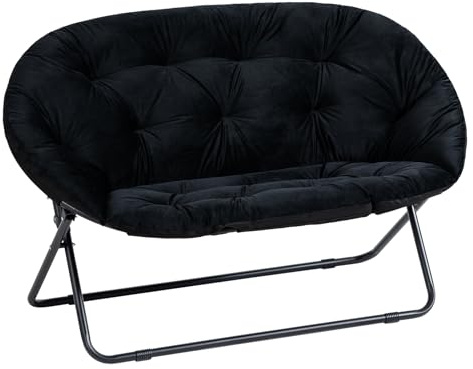 Tiita Comfy Double Living Room Chairs Loveseat, Modern 2-Seat Saucer Chair, Folding Accent Chair, Lounge Lazy Chair, Metal Frame Moon Chair for Bedroom, Living Room, Dorm Rooms (Dutch Velvet Black)
