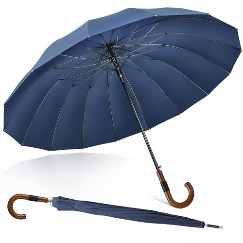 ZOMAKE Umbrella Wooden Handle,Large Umbrella Windproof Strong,Walking Stick Umbrellas Classic for Men Women,16 Ribs (Navy Blue-B)