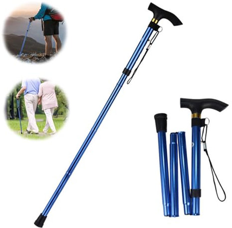 MagiSel Bastone da passeggio pieghevole, in alluminio, 4 sezioni, portatile, per escursioni, campeggio, alpinismo, trekking, blu