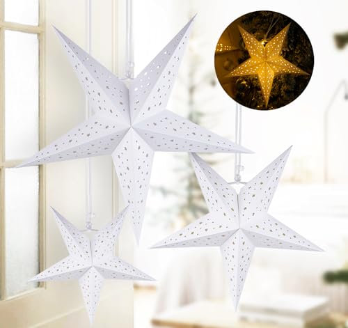 3 Stück Papierstern Lampenschirm, Weihnachtsstern Beleuchtet, Papiersterne Weihnachten, Faltsterne Weiß Weihnachtsdeko Innen Zum Aufhängen, 3D Adventsstern Fensterdeko- Ø50/40/30cm