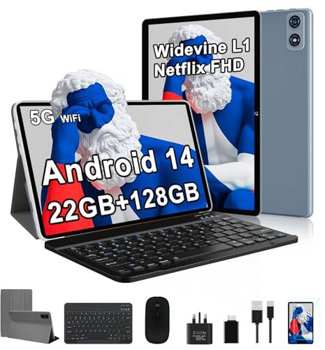 fezawio 2025 Newest 10 inch Android 14 Tablet|22GB RAM+128GB ROM|1TB Expandable|8000mAh|5G Wi-Fi|Widevine L1|Octa-Core|Keyboard-Mouse-Holster|Premium Entertainment & Light Office - Grey