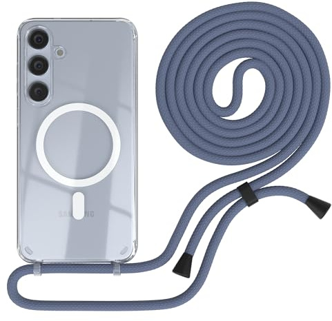 EAZY CASE - mobilkedja kompatibel med Galaxy S25 Plus, kedja för upphängning, stötsäkert mobilskal för Galaxy S25 Plus, silikonskal med rem, transparent mobilskal i Blå - Clips Svart