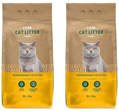 Marca Amazon - Lifelong Arena Aglomerante de maíz para Gatos, Sin Fragancia, 10L (Paquete de 2)