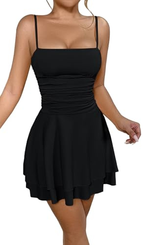 SEAUR Damspagettiremmar bodycon miniklänning med förfining sexig rygglös tajt cami-klänning med kort volangfåll, svart, S