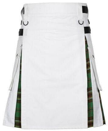 Tara Murphy Kilt hybride en coton blanc, 61 cm de long, plis sous les plis, poches cargo latérales, sangles en cuir réglables
