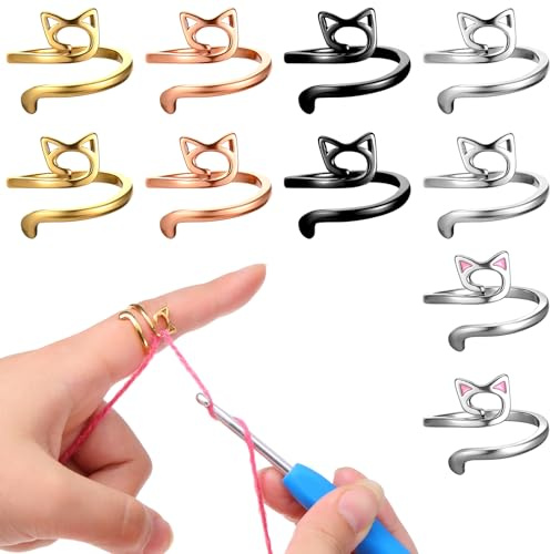 Crochet Ring for Finger, 10Pcs Adjustable Metal Rings Colorful Cat-Shaped Crochets Accessories for Crafters Mothers Grandmas Faster Crocheting