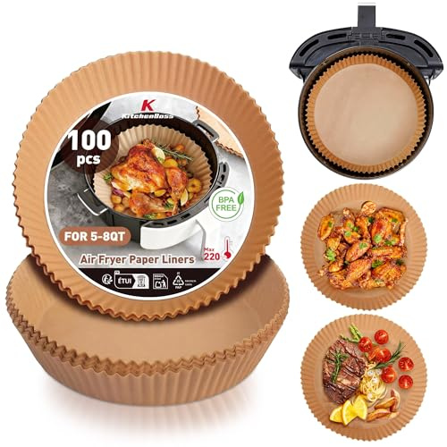 KitchenBoss Papel Horno Freidora Aire: 100 Piezas 20cm Papel para Air Fryer Redondo Antiadherente Desechable Resistente Baking Paper para Freidora Horno Sartenes Horne