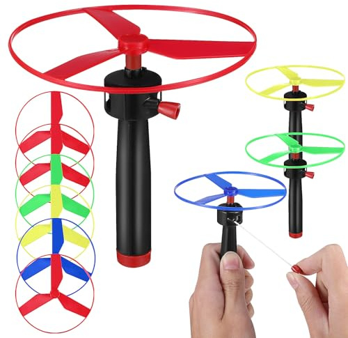 TOYANDONA Pull String Flying Disc Helicopter Toy - Propeller Game Set with 3 3 Launchers 6 Assorted Flying Discs, Outdoor Toy for Summer Children Chasing Game