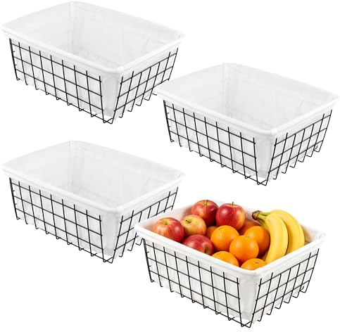 MUKSUET 4 stycken förvaringskorgar för tråd, metallkorg rektangulär, 28 x | Löstagbar tyginsats, trådkorgar svart, gallerkorg liten, för kök, badrum, skåp arrangör