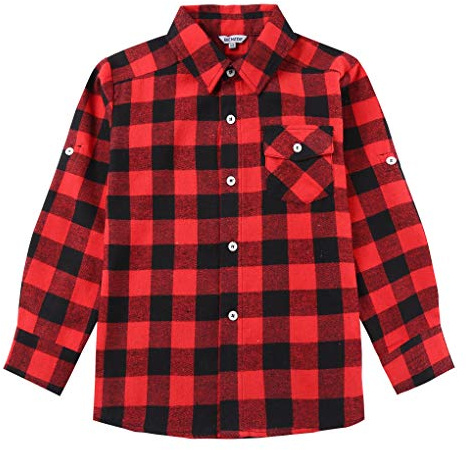 Bienzoe Boys Button Down Shirt: Kids Plaid Flannel Long Sleeve Shirts Red Black 11/12