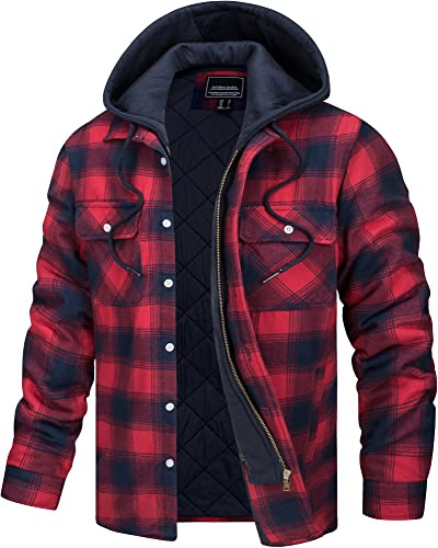 TACVASEN Lumberjack Jacket Mens Hooded Plaid Flannel Shirts Cotton Long Sleeve Padded Shirt Winter Warm Checked Jacket Red, XL