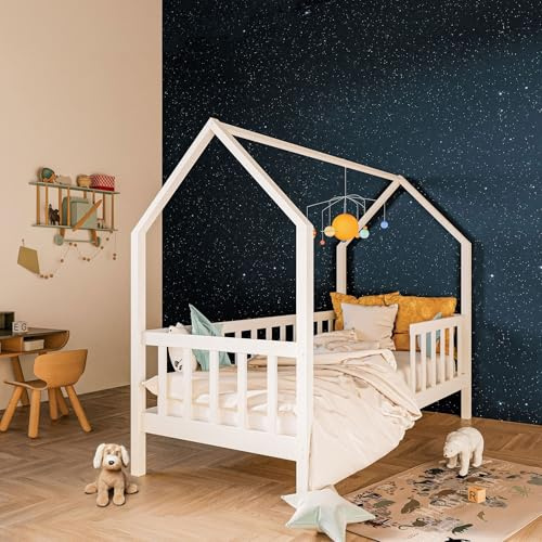 ArtKid Benni Natur Hausbett 90x200 aus massiver Kiefer inkl. Lattenrost und Rausfallschutz - Hüttenbett - Kinderbett 90x200 für Mädchen und Jungen