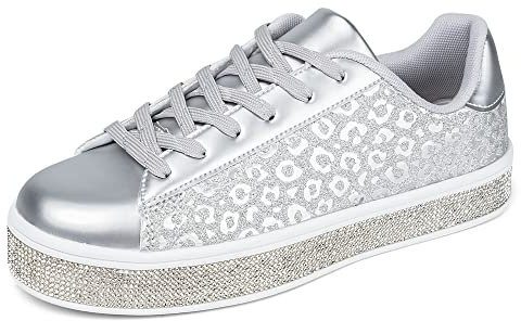 UUBARIS Women's Glitter Tennis Sneakers Neon Dressy Sparkly Sneakers Rhinestone Bling Leopard Print Shoes Shiny Sequin Shoes Silver Size 11
