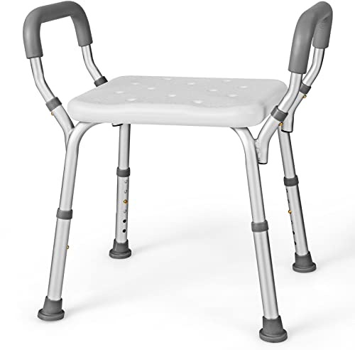 GOPLUS Duschstol, höjdjusterbar duschpall med avtagbart armstöd, duschstol, badstol med aluminiumram för badrum