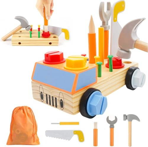 Maycoly Caja Herramientas Juguetes Niños, 29 Piezas DIY Juguetes de Herramientas de Madera, Montessori Juegos Educativos Cajas, Juegos de Construcción de Madera, Regalos Niños Niñas 2 3 4 5 Años
