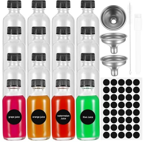Lot de 12 Mini Bouteilles en Verre de 60ml avec Couvercle, Bouteilles pour Remplissage, Flacon avec Entonnoir, Étiquettes & Stylo, pour Shots de Jus de Gingembre, Whisky, Eau, Lait, Smoothies