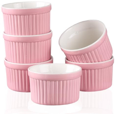 YAZYLIFE Ramekins 4oz,Creme Brulee Ramekins and Souffle Dishes,Porcelain Oven Safe Baking Bowls,Pudding Cups,Dipping bowl,Set of 6,Pink.