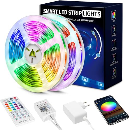 Beaeet Striscia LED 20 Metri, Luci LED 5050 RGB per Camera, con Telecomando a 40 Tasti e Controllo tramite APP Bluetooth, Ideale per Natale, Matrimoni e Feste (10m*2)