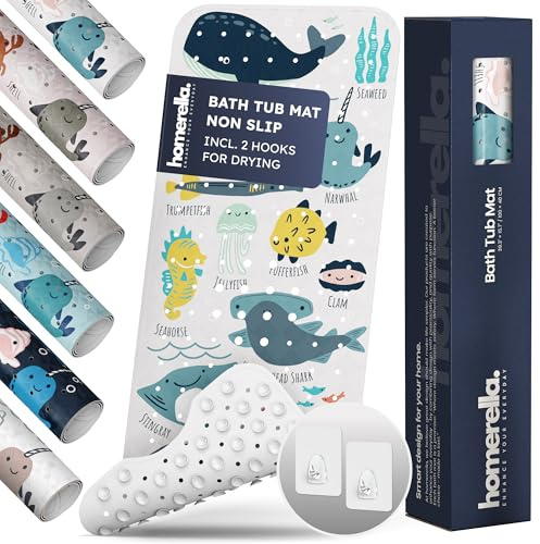 Bath Tub Mat Non Slip Anti Mold for Kids BPA Free INCL Hooks - homerella® Ocean Sea Animals 40x16, Baby Bath Mat Non Slip 200 Suction Cups, Non Toxic Machine Washable Toddler Bath Mat, EU Certified
