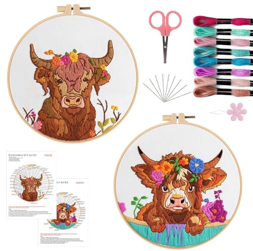 Offizon 2 PCS Embroidery Kit for Beginners - Cross Stitch DIY Craft Set, Embroidery Accessories & Hoop Included, Hand Embroidery Kit for Adults Stitching Sewing Kit Gift | Cow Patterns