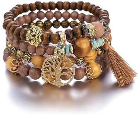 LICHUANUK Boho 4 Stück Armbänder Holzperlen Quaste Armband, Chakra Armband für Frauen, Natürliches Kristall heilsteine armband, Frauen Baum des Lebens Charm Statement Armreifen, Kristall Perle