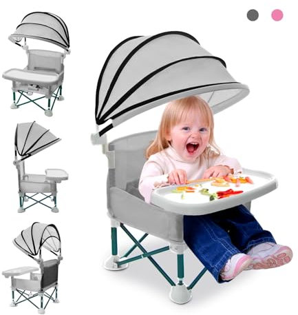Tiny Throne Baby Camping Chair, Foldable Toddler Camping Chair with Tray, Portable Baby Seat High Chair, Equipped with A Detachable Sunshade is Perfect for Camping, The Beach, and Travel (Grey)