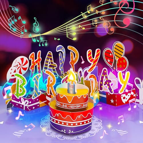 Cardaros 3D Pop Up Birthday Cards, 1-100 Età Lusso Soffiabile LED Luce Candela Torta Musica Buon Compleanno Biglietti di Auguri Regali di Compleanno per Donne Viola Oro