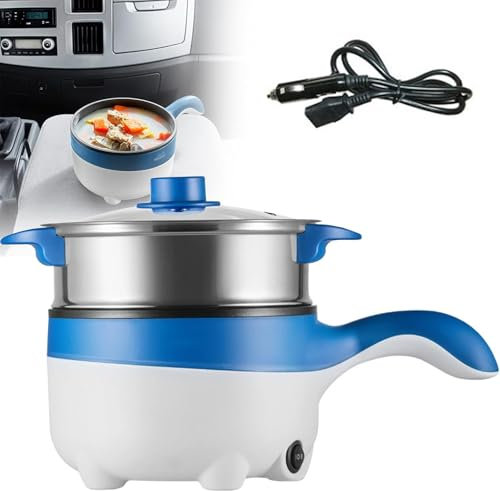 APENCHREN Padella Elettrica per Auto 12V/24V con Vaporiera, Padella Elettrica Antiaderente da 2 Litri 18 cm, Mini Pentola Elettrica da Viaggio per Pasta, Tagliatelle, Verdure, Carne, Uova,12