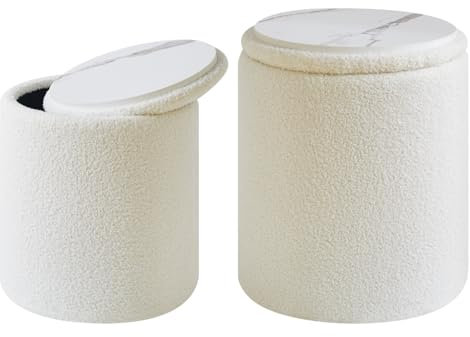 IBUYKE Teddy sammet makeup pallar set med 2 runda ottomanska pallar med förvaring modernt vadderat soffbord multifunktionell pall för vardagsrum och sovrum vit WBD015W
