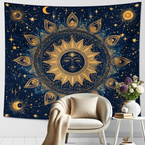 Sun and Moon Blue Gold Tapestry, Celestial Stars Decorative Wall Hanging, Ethereal Tapestries Aesthetic for Bedroom, Living Room, Home Decor 80x60 Inch
