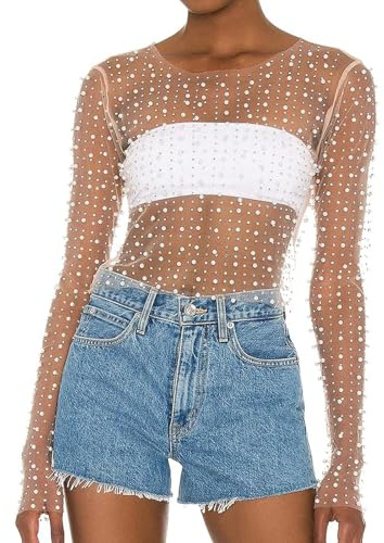 Bikini à franges femmes perle strass maille transparente crop top sexy transparent manches longues slim fit cropped blouse chemise clubwear foulard plage noir, beige#a, L