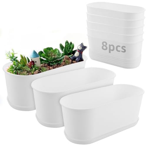 LOLYSIC 8 vasi per erbe aromatiche con vassoio, per balcone, bonsai, per interni ed esterni, rettangolari, in plastica bianca, per giardino, davanzale (22,8 x 9 x 8,2 cm)