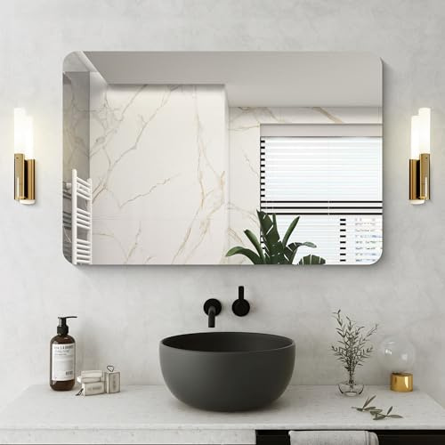 NIMURY Espejo de pared rectangular, 61x91 cm, espejo sin marco para baño con esquinas redondeadas, espejo rectangular para baño, dormitorio, sala de estar, se cuelga horizontal o verticalmente