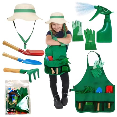 Pastoralist Juego de jardinería para niños pequeños, Juego de jardinería para niños 7pcs con Sombrero de Sol, Delantal, Guantes y Herramientas de jardín, Kit para para para