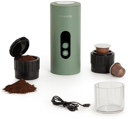 CREATE / THERA MOVE/Cafetera express portátil para cápsulas y café molido verde sage/Preparación en frío y en caliente, 15 bar, capacidad de 80ml, 150W
