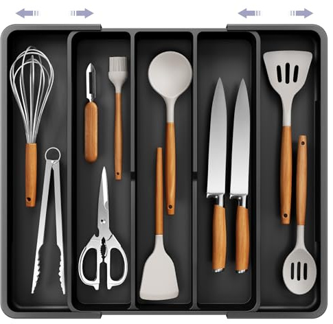 Kitsure Erweiterbarer Besteckkasten für Schubladen – Großer Besteck Schubladeneinsatz mit 5 Fächern, Wohnungs Zubehör für Küche und Ordnung, Schwarz, 34,6 x 3,6 x 28,0~50,5 cm