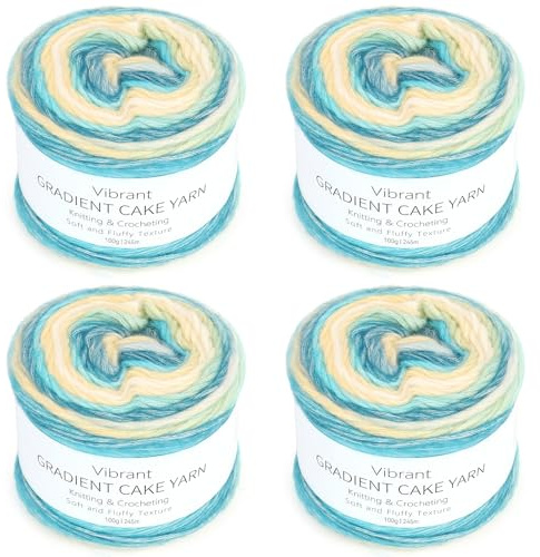 Coopay Filato gradiente di colore, 400 g (4 x 100 g), lana per uncinetto, filato a gradiente, super morbido, per lavorare a maglia, elegante maglione, blu pavone, giallo