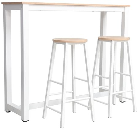 AVANTI TRENDSTORE Arzano - Tavolo alto da bar/penisola da cucina con 2 sgabelli in laminato di colore bianco/oak. Misure tavolo LAP ca. 120x100x40 cm e sgabello LAP ca. 35x70x33 cm.
