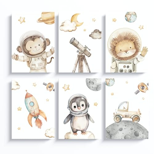 ayurvana: Set 6 Láminas Espacio Bebé - Decoración Pared Habitación Infantil | Set de 6 láminas A4 con animales astronautas. Diseño acuarela para decorar la habitación de tu bebé con ternura y estilo.