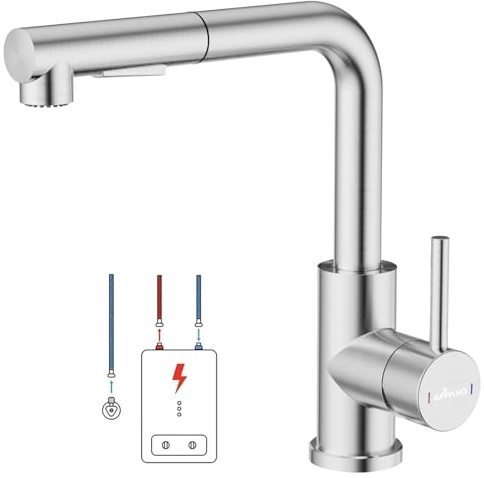 APPASO Robinet de cuisine basse pression avec douchette extensible pour la cuisine - Robinet d'évier extensible à 1 trou pivotant à 360 ° - Forme L basse pression - En acier inoxydable brossé