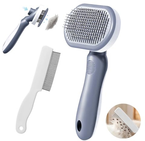 Oderra Spazzola per Gatto E Cane con Pettine Anti-Pulci, Kit di Toelettatura A Doppia Funzione, Districante, Pulizia Delle Zone Sensibili, Espulsione dei Peli in 1 Clic, Manico Antiscivolo E Lavabile