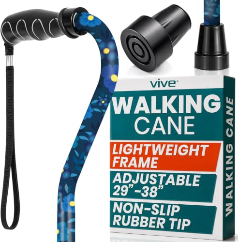 Vive Walking Cane - for Men & Women - Portable, Adjustable Offset Balance Stick - Lightweight & Sturdy Mobility Walker Aid for Arthritis, Elderly, Seniors & Handicap (Blue Floral)