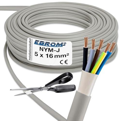 EBROM NYM-J 5 x 16 mm² - Câble gainé - Câble d'installation - Câble pour pièces humides - Raccordement domestique - Gris - Sélection par incréments de 1 mètre, exact au mètre - Votre choix : NYM-J 5 x