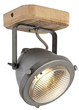 QAZQA - Industrie I Vintage I Industriespot stahl I nickel matt mit Holz kippbar - Emado I Wohnzimmer I Schlafzimmer - Stahl Rund - LED geeignet GU10