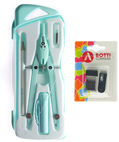 BOTTI Kit Pastel Pcs 6 compasso in metallo professionale, matita, temperino con raccoglitore, extra mine con temperamine per scuola media elementare superiore Made in Italy (PASTEL AZZURRO)