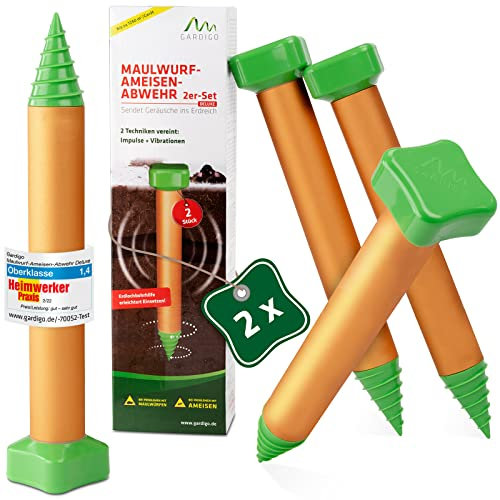 GARDIGO® Maulwurf Vertreiber Ameisenabwehr Deluxe mit Bohrhilfe - 4er Set I 400-500 Hz I ca. 1250m² I Maulwurfschreck mit Vibrationsmotor I Wühlmausvertreiber für den Garten I Batteriebetrieben